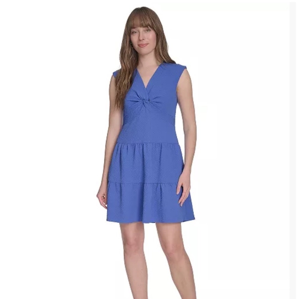 Tommy Hilfiger Tiered Jacquard Dress Women 6 New Blue Twist Front MSRP $129